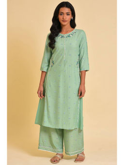 W - Green Floral Round Neck Viscose Kurta