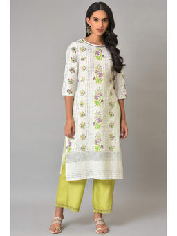 W - Floral Round Neck Cotton White Kurta
