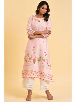 W - Pink Floral Keyhole Neck Rayon Kurta