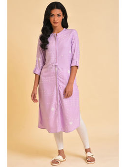 W - Lavender Embroidered Mandarin Neck Viscose Kurta