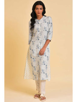W - Floral Mandarin Neck Rayon White Kurta