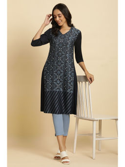 W - Black Floral V-Neck Rayon Kurta