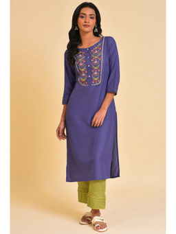 W - Purple Embroidered Round Neck Viscose Kurta