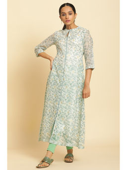 W - Off White Floral Keyhole Neck Polyester Kurta
