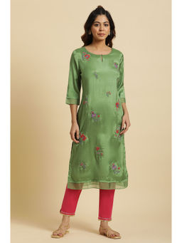 W - Green Embroidered Keyhole Neck Viscose Kurta