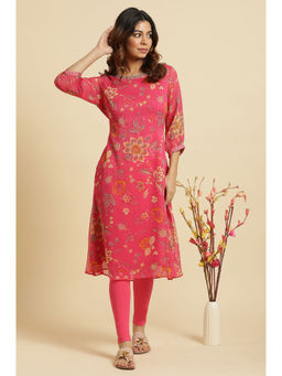 W - Pink Floral Round Neck Polyester Kurta