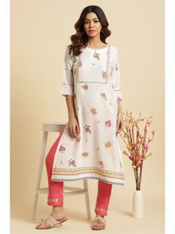 W - Floral Keyhole Neck Rayon White Kurta