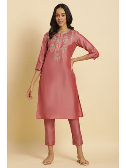 W - Pink Embroidered Round Neck Viscose Kurta