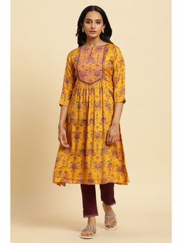W - Mustard Floral Keyhole Neck Viscose Kurta