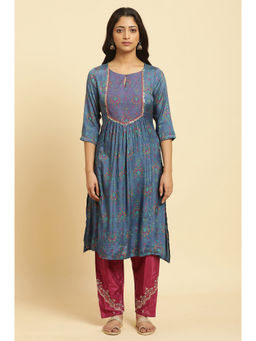 W - Blue Floral Keyhole Neck Viscose Kurta