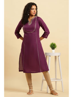 W - Purple Embroidered Round Neck Cotton Kurta