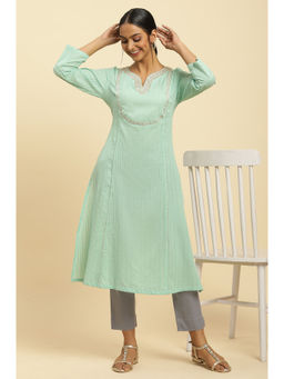 W - Blue Embroidered Round Neck Cotton Kurta