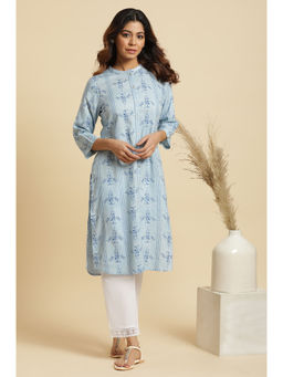 W - Blue Printed Mandarin Neck Viscose Kurta