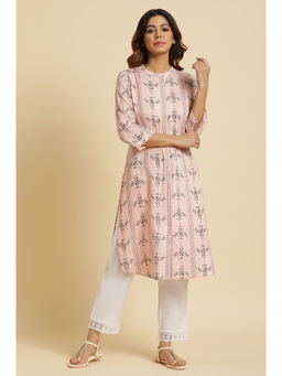 W - Pink Printed Mandarin Neck Viscose Kurta