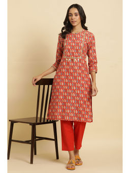W - Orange Geometric Keyhole Neck Viscose Kurta