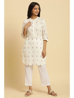 W - Embroidered Mandarin Neck Cotton White Kurta