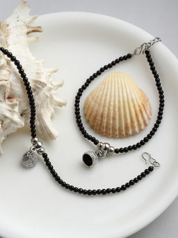 PANASH - Oxidized Silver-Plated Black Beaded Handcrafted Anklets