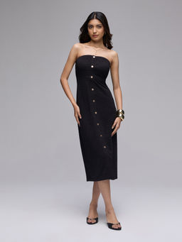 Twenty Dresses by Nykaa Fashion - Black Tube Neck Metallic Button Detail Bodycon Midi Dress