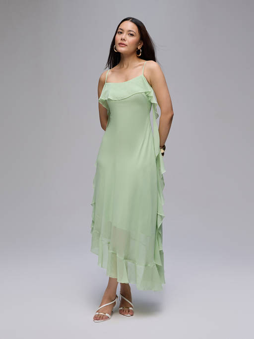 asymmetrical dresses online Buy Twenty by Nykaa Fashion Green Chiffon Strappy Ruffled Hem Midi Dress (XS) while the unique handmade