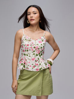 Twenty Dresses by Nykaa Fashion - White Floral Shoulder Straps Panelled Peplum Top