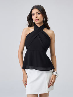 Twenty Dresses by Nykaa Fashion - Pink Chiffon Halter Neck Peplum Top