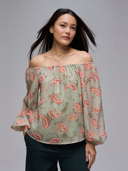 Twenty Dresses by Nykaa Fashion - Green Paisley Off Shoulder Full Balloon Sleeves Regular Top