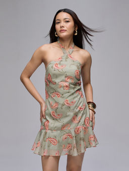 Twenty Dresses by Nykaa Fashion - Green Paisley Sleeveless Halter Neck Ruffle Detail Mini Dress