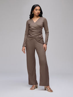 Twenty Dresses by Nykaa Fashion - Brown V-Neck Full Sleeves Top & Straight Fit Pant Co-Ord Set