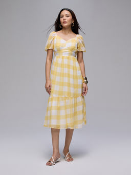 Twenty Dresses by Nykaa Fashion - Yellow Checked Fit & Flare Tiered Midi Dress