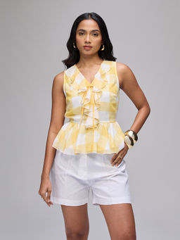 Twenty Dresses by Nykaa Fashion - Yellow Checked V-Neck Ruffle And Tie Up Detail Peplum Top