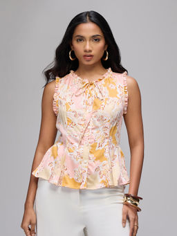 Twenty Dresses by Nykaa Fashion - Peach Floral Round Neck Frill Detail Tie Up Panelled Top