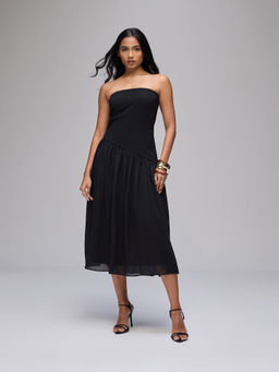 Twenty Dresses by Nykaa Fashion - Black Chiffon Asymmetrical Waist Cut & Sew Tube Midi Dress
