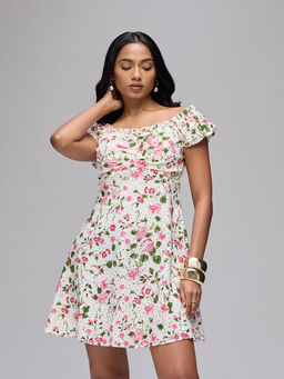 Twenty Dresses by Nykaa Fashion - Multi-Color Floral Off Shoulder Frilled Mini Dress