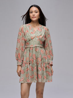 Twenty Dresses by Nykaa Fashion - Green Paisley V-Neck Puff Sleeves Frill Detail Mini Dress