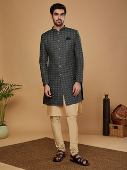 KISAH - Men Black Kurta and Sherwani with Churidar (Set of 3)