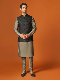 KISAH - Men Black Textured Silk Blend Jacquard Kurta Jacket Churidar Set with Sequinned