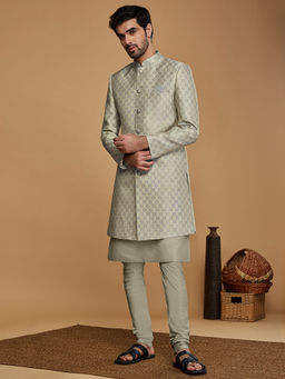 KISAH - Men Grey Kurta and Sherwani with Churidar (Set of 3)