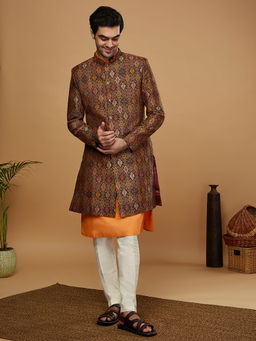 KISAH - Men Orange Kurta and Sherwani with Trouser (Set of 3)