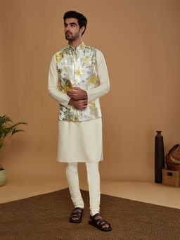 KISAH - Men Off White Kurta and Nehru Jacket with Churidar (Set of 3)