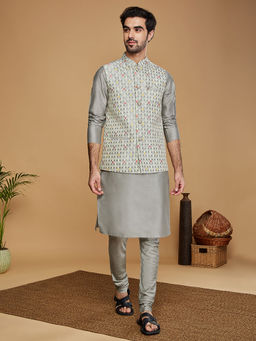 KISAH - Men Grey Kurta and Nehru Jacket with Churidar (Set of 3)