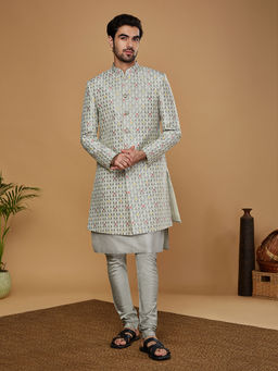KISAH - Men Grey Kurta and Sherwani with Churidar (Set of 3)