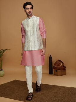 KISAH - Men Off White Kurta and Nehru Jacket with Trouser (Set of 3)