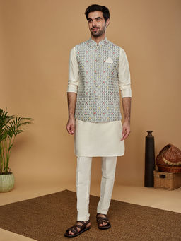KISAH - Men Grey Kurta and Nehru Jacket with Trouser (Set of 3)