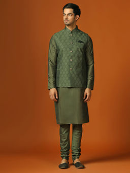 KISAH - Men Olive Kurta and Nehru Jacket with Churidar (Set of 3)