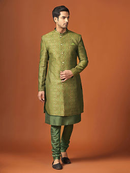 KISAH - Men Olive Kurta and Sherwani with Churidar (Set of 3)