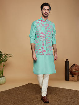 KISAH - Men Green Kurta and Nehru Jacket with Churidar (Set of 3)