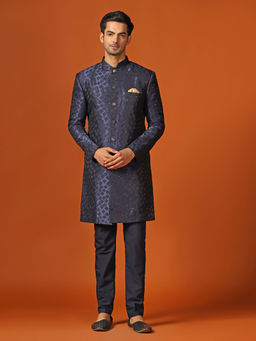 KISAH - Men Navy Blue Textured Silk Blend Jacquard Indowestern Sherwani Trouser Set with Ethnic Motifs