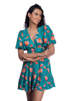 French Theory - Women Floral Printed Dress-Turquoise