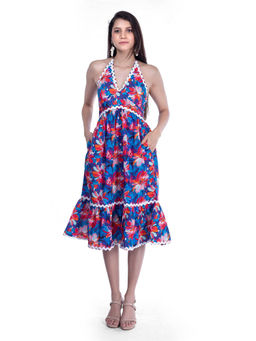 French Theory - Women Fit and Flared Floral Printed Dress-Blue