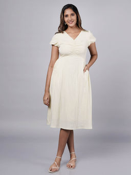 French Theory - Women Solid V-Neck A-Line Dress-Yellow